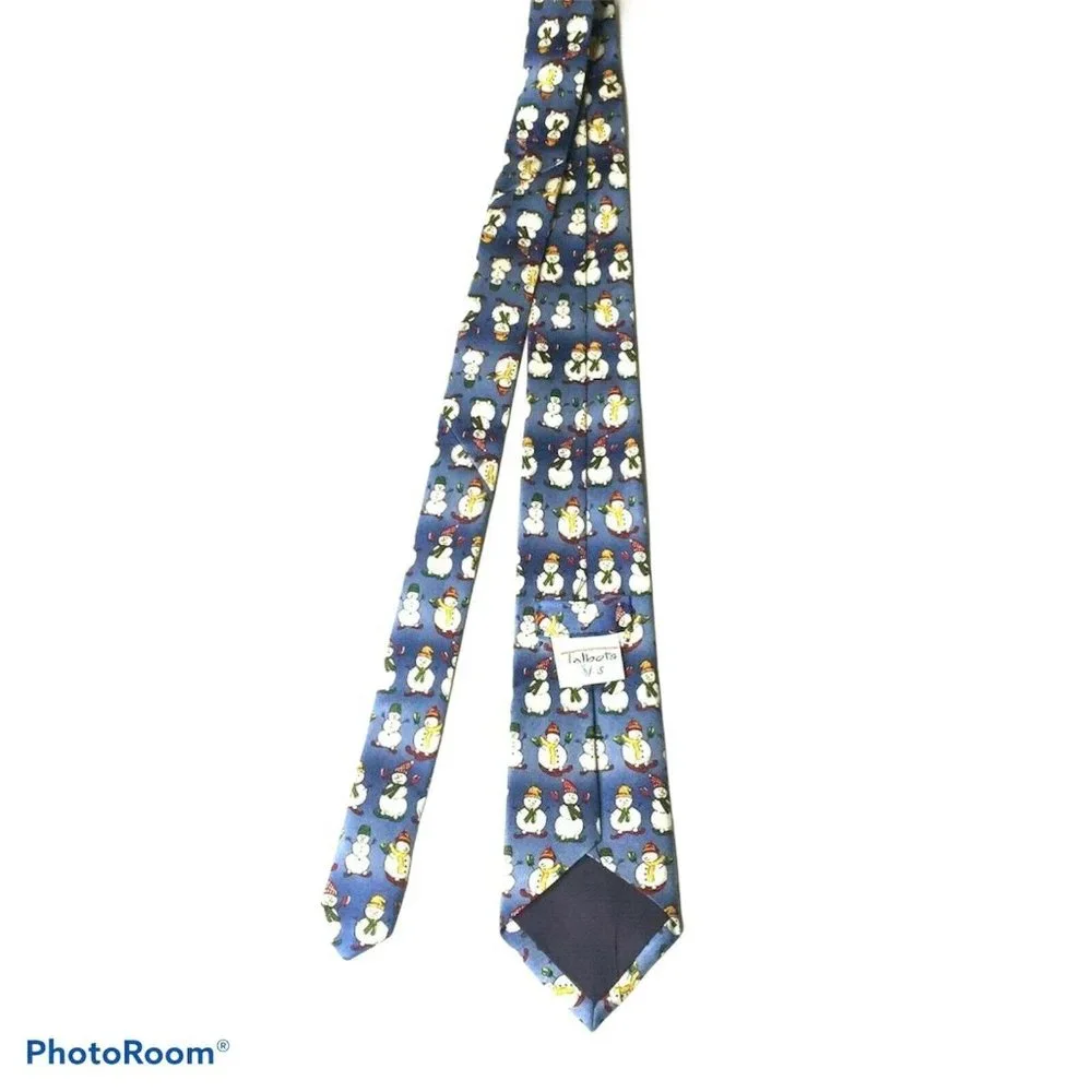 Talbots Kids Boys Neck Tie‎ Blue Snowman Holiday Christmas Printed 100% Silk New